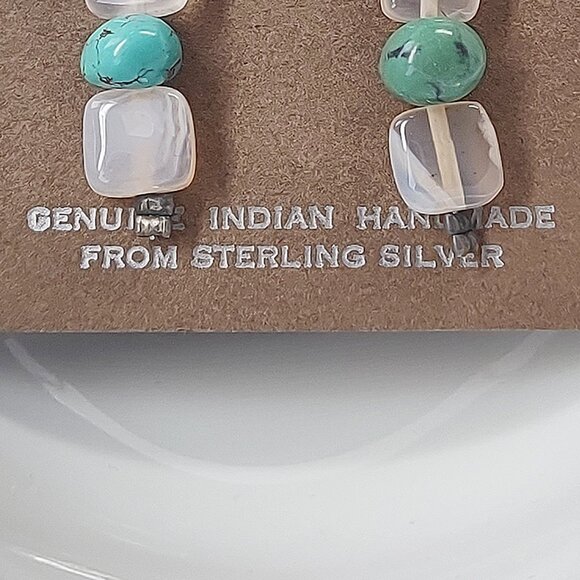 Native American Turquoise Agate Beaded Earrings Dangle Sterling Silver Stone 2" - Picture 3 of 9